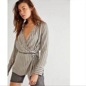 Free People Arlo Wrap Blouse - Striped Long Sleeve Tie Waist